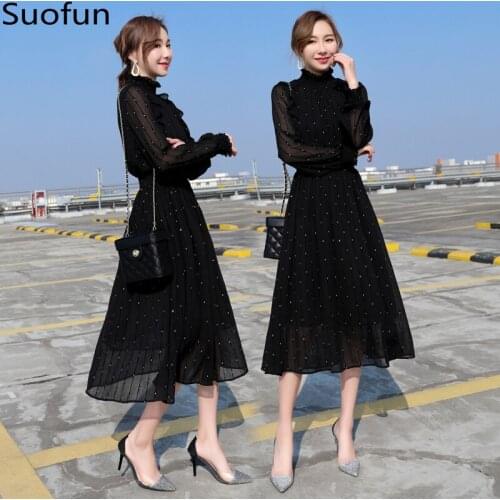 Suofun Casual A-Line New Womens Party Dress Smooth Dot Dress With Fashionable Mesh Sleeves Suitable For Spring Autumn Dress