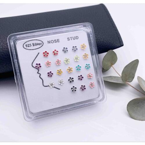 20Pcs/Box Body Nose Piercing Jewelry Nose Rings Nose Studs For Women Colored Crystal Flower Nose Nail Jewelry Wholesale