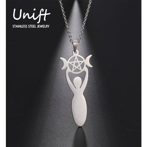 Unift Triple Moon Goddess Pendant Necklace for Women Wicca Pentagram Magic Supernatural Amulet Necklace Stainless Steel Jewelry