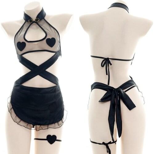 Japanese Translucent Cheongsam Apron Loving Lace Pajamas Sexy Cosplay Black Backless Jumpsuit Nightdress Sweet Maid Sleepwear