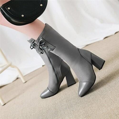 YMECHIC 2018 Punk Winter Womens High Heels Mid Calf Long Ridding Boots Female Cross Tied Gray Black Ladies Plus Size Shoes