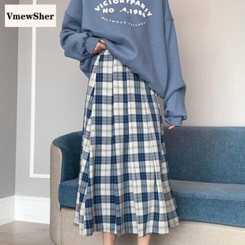 VmewSher Vintage Spring Autumn Women Skirt Plaid High Elastic Waist Female Mid-calf Long Skirts Sweet Pleated Students Harajuku