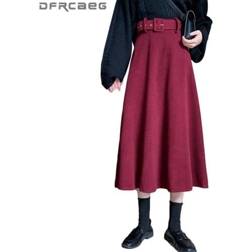 Khaki High Waist Thicken Warm Womens Wollen Long Skirts Winter 2021 Casual Big Swing Vintage Pleated Skirt Wool Female Saias