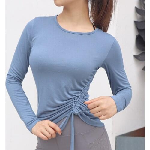 Women Side Drawstring Sexy Yoga Shirts Tops O Neck Long Sleeves Sports Blouse Running Fitness T-shirts Workout Training Dance