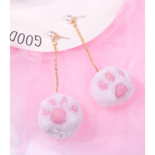 Korean Style Cute Cat Claw Drop Earrings For Women Girls Kids Jewelry Gifts Fashion Long Chain Pom Pom Hanging Earring Jewelry