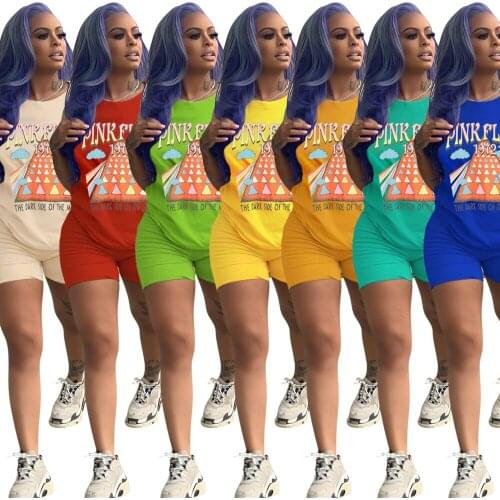 2021 Summer New Style Womens Fashion Sexy Sports Casual Printing Tie Dye Text Pattern Round Neck Two Piece Suit