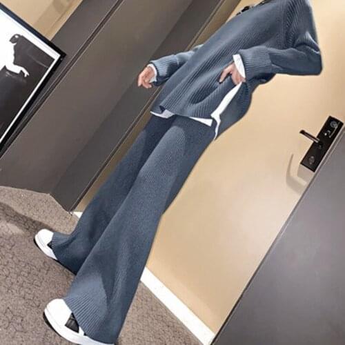 2021 New Promotion Woman Loose Knit Two-piece Wide Leg Pants + O-neck Full Elastic Waist Autumn Knitting Suit Female