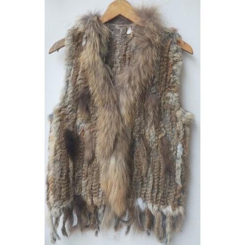 Stock Knitted Real Rabbit Fur Vest Women Fashion Real Fur Vests With Tassel For Ladies Sleeveless Autumn Fur Gilets Female