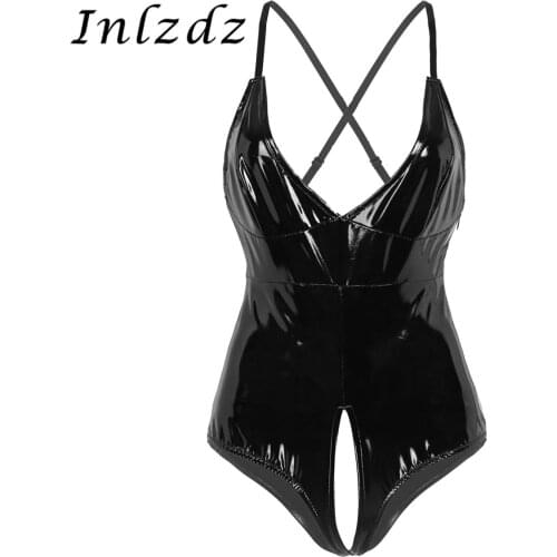 Womens Open Crotch Bodysuit Wet Look Patent Leather Lingerie Plunging V-neck Spaghetti Straps Crotchless Leotard Bodysuit