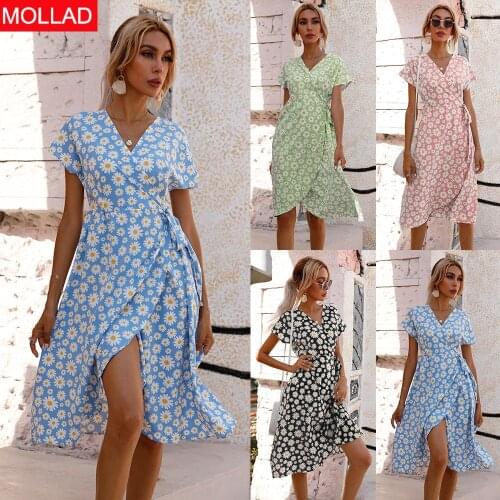 Summer 2021 Womens Clothing Waist Trimming Printing Split Dress Floral V neck Women Dresses