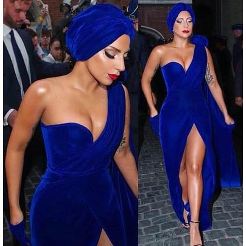 Royal Blue Formal Celebrity Dresses Sheath One-shoulder Velvet Slit Sexy Long Evening Dresses Famous Red Carpet Dresses