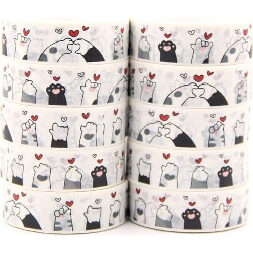 10pcs/Lot 15mm x 10m Cat Paws with Little Heart Washi Tape Scrapbook Paper Masking Adhesive Washi Tape Set Packaging tape