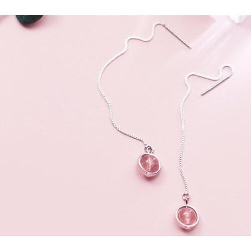 1pair 100% REAL. 925 Sterling Silver Fine Jewelry natural strawberry Quartz Stone Threader Long Earrings Womens GTLE2158