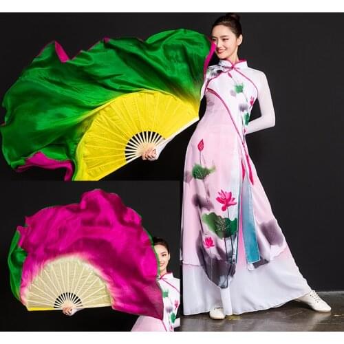 2019 two-side Chinese Traditional 100% real Silk Fans Veils for Women 2 sides Gradient Stage Show Props Fans 1pair/2pcs