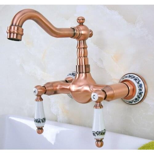 Antique Red Copper Brass Bathroom Kitchen Sink Faucet Mixer Tap Swivel Spout Wall Mounted Dual Ceramic Flower Levers Base mnf955