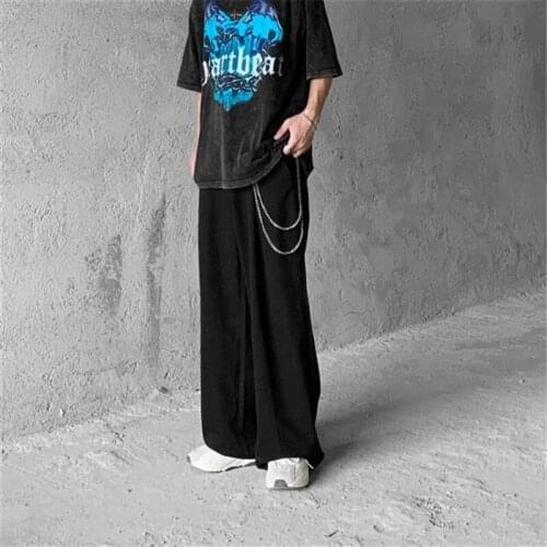 Men Black Chain Wide Leg Pants Streetwear Loose Vintage Casual Straight Suit Trousers 2021 Spring Summer Hip Hop Pantalon Homme