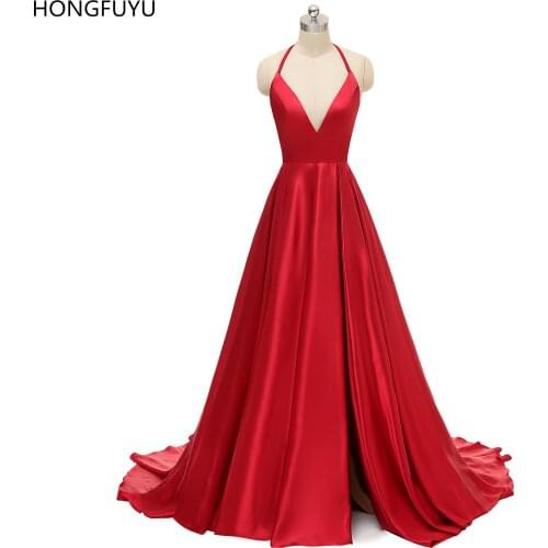 HONGFUYU 2021 Red Simple Satin Evening Dresses Long Halter Neck A-line Evening Party Dress Lace Up Back Robe De Soiree With Slit