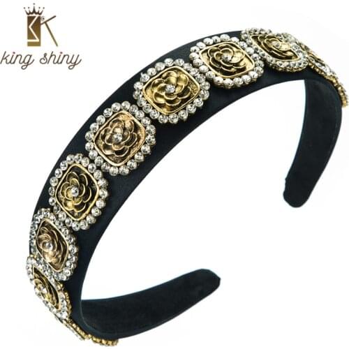 King Shiny Baroque Metal Flower Headband for Woman Vintage Sparkly Rhinestone Beaded Hairband Girls Party Headwear Tiara Crowns