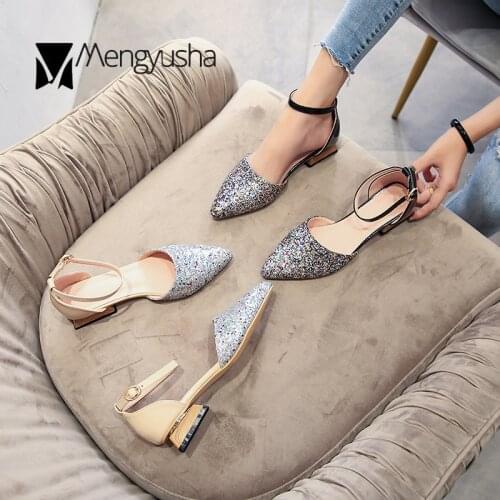 Shiny multicolor paillette pointed toe mules sandales women solid wood cover low heels sandalias bling buckle closed toe zapatos