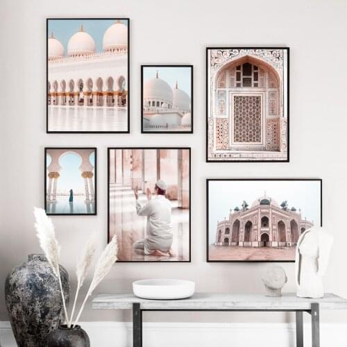 Islamic Devout Arabian White Mosque Wall Art Canvas Painting Nordic Posters And Prints Wall Pictures For Living Room Home Decor