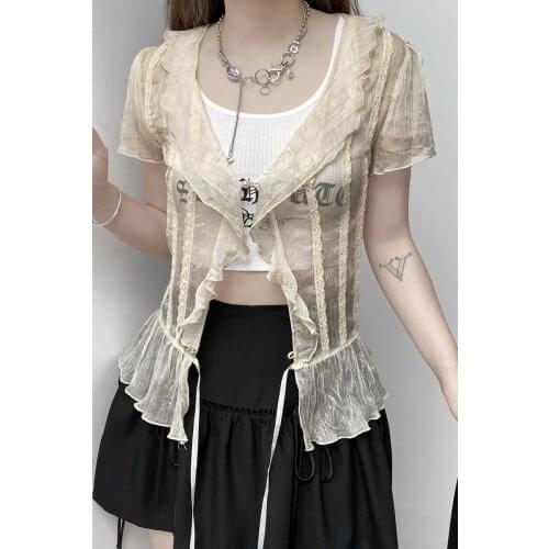 New Womens Button Down Tops Chic Sexy V Neck Short Sleeve Solid Color Sheer Mesh Ruffle Shirts Yellow Skin-Friendly S M L