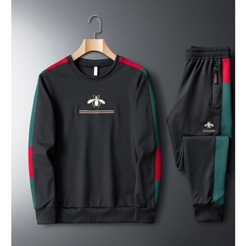 New Elastic Casual Embroidered Long Sleeve O-neck Suit Fitness Sports Trousers Set Two Piece Tracksuit Men Streetwear Clothing