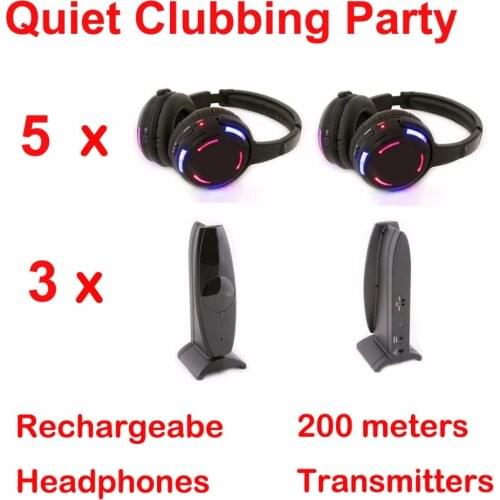 Silent Disco complete system professional led wireless headphone - Quiet Clubbing Party Bundle (5 Headphones + 3 Transmitters)