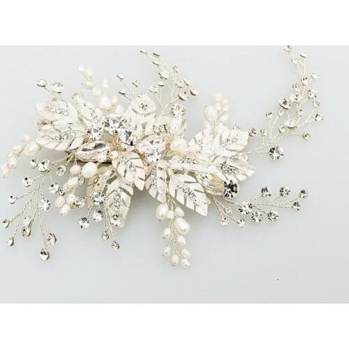 SLBRIDAL Handmade Silver Color Freshwater Pearls Flower Leaf Wedding Hair Clip Barrette Bridal Headpiece Hair comb accessories