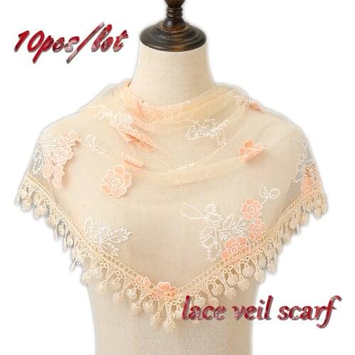 2020 Newest Lace Floral Veil Scarf Tassel Triangular Polyester Scarves Fashion Women lightweight Solid color Foulard 10 Pcs/Lot