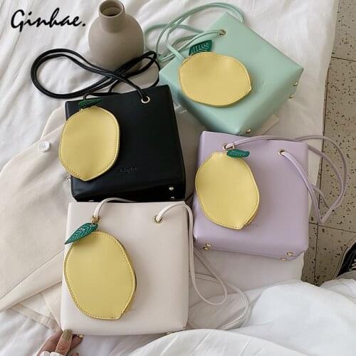 2020 Summer New Female Bucket Bag PU Leather Women Shoulder Bag Cute Fruit Lemon Packet Messenger Bag Korean Style Handbag Purse