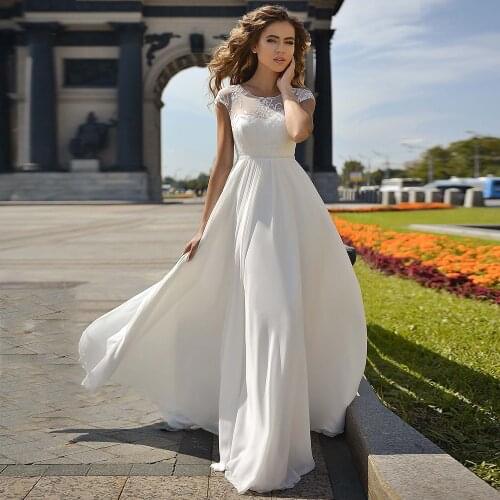 A-line Wedding Dress 2021 Simple O-neck Cap Sleeve Sweep Train Custom Made Chiffon Bridal Gown with Applique