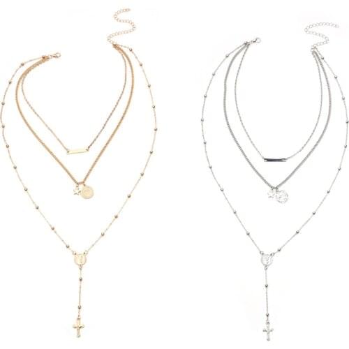 Fashion Charm Cross Layered Pendant Wedding Vintage Alloy Long Adjustable Chain 60cm Thin Glossy Necklace