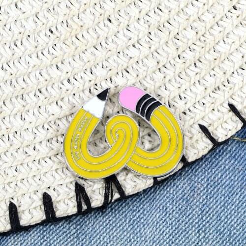Funny Heart Shape Pencil Brooch Cartoon Yellow Curved Pencil Lapel Enamel Pins Denim Lapel Clothes Bag Button Badge For Kids