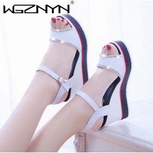 2021 NEW Wedges Crystal Sandals Woman Fashion Summer Heels Womens Ankle Buckle Strap Shoes for Female Footwear Peep toe Sandals