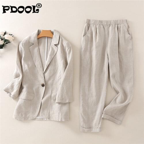 Womens Suit Temperament Suit Cotton And Linen Womens Fashion Casual Nine-point Pants Linen Suit Suit 2 Piece Outfits For Women