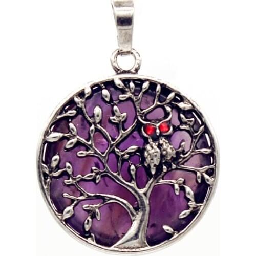 100-Unique 1 Pcs Silver Plated Owl Natural Purple Amethysts Cabochon Pendant Tree of Life Necklace