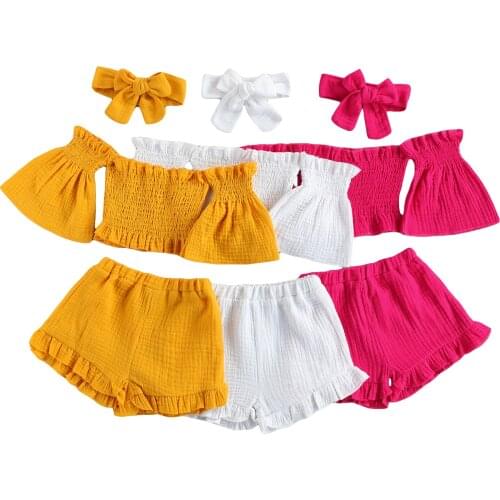 3 Pcs Infant Solid Color Outfits, Baby Girls Off Shoulder Flare Sleeves Boat Neck Tops + Ruffle Shorts + Bowknot Headband 1-6T