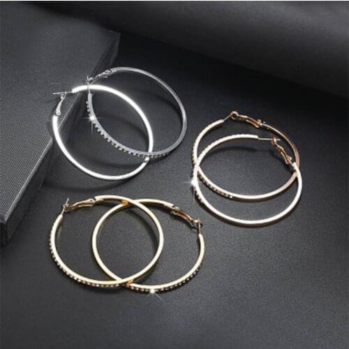 6cm Personality Super Crystal Big Circles Hoop Earrings For Women Fashion Gold Silver Color Jewelry Big Round Circle Earring