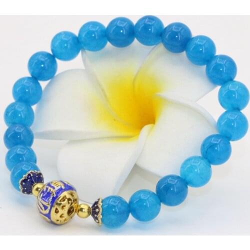 Bohemia style gold-color cloisonne blue 8mm round beads chalcedony jades natural stone bracelet fine jewelry 7.5inch B2701