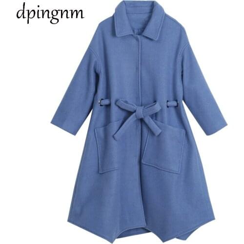 Plus size loose warm wool blends long winter coat turn-down collar adjustable belt wool coats women office work wear elegant