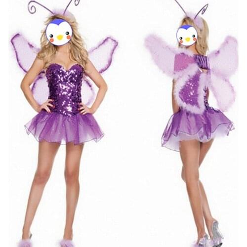 Cheap Halloween Purple Elf Princess Dress Strapless Costumes Insect Monarch butterfly with wings Costume Flower Fairy Costumes