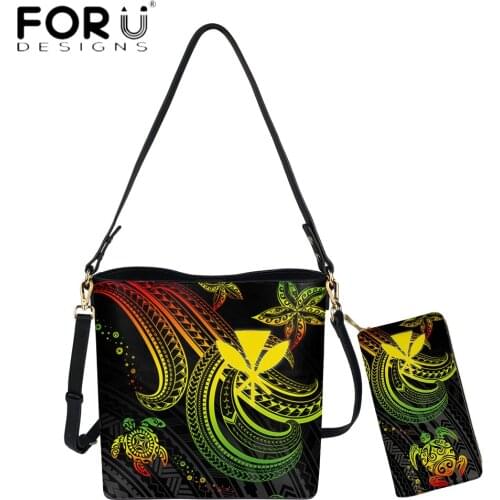 FORUDESIGNS Golden Color Hawaiian Polynesian Turtle With Flower Print PU Leather Women Shoulder Sac And Clutch Purse Bolsas