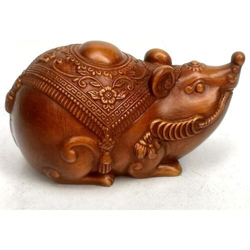 YIZHU CULTUER ART Collected China Old Boxwood Hand Carved Propitious Mouse Statue Family Decorated