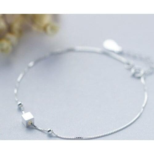 23+3cm Box shape 925 Sterling Silver wire drawing small Anklet for Girls Leg bracelet cheville enkelbandje halhal tobillera