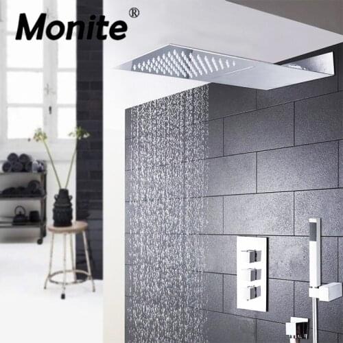 Monite 3 Functions Bathroom Square Head Shower Faucet Chrome Brass Made Shower Set 8 Inch Rainfall Shower Head Mixer Faucet