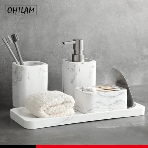 Polyresin Bathroom Accessories Sets Vanity Countertop Accessory Marble Look Lotion Dispenser Soap Pump Tumbler Toothbrush Holder