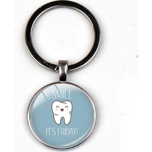 New Glass Dome Pendant Key Ring Holiday Party Souvenir Creative Cute Cartoon Tooth Pattern Dentist Medal Key Ring Children Gift