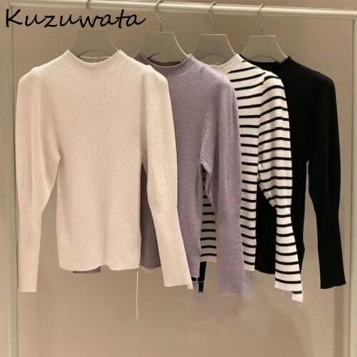 Kuzuwata Japanese Simple Knitting Pullover 2021 Autumn Winter New Women Solid Sweater Fashion Long Sleeved Bottoming Jumpers