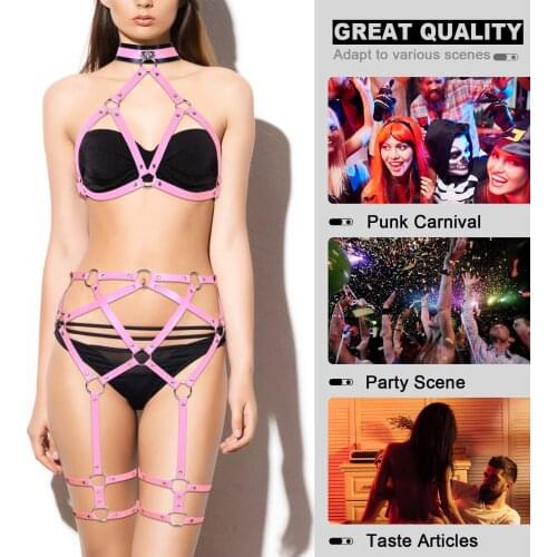 Pink Underwear Bdsm Lingerie Woman Harness Sexy Cage Halterneck Bra Belt With Collar Leather Leg Bondage Sword Belt Rave Outfit