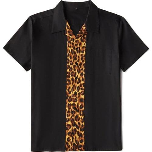 Leopard Men Shirt ST125 Cotton Short Sleeve Button Up Bowling Punk Black chemise homme Vintage Retro Shirt ST125